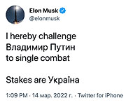 Илон Маск вызвал Владимира Путина на поединок, ставка – Украина