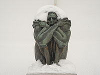 Скульптура, покрытая снегом, на ступенях Музея искусств