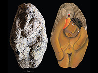 12 000-летняя натуфийская глиняная фигурки из ущелья Эйн-Гев II, изображающая женщину с гусем и ее реконструкция 12 000-летняя натуфийская глиняная фигурки из ущелья Эйн-Гев II, изображающая женщину с гусем и ее реконструкция