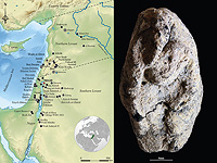 Слева: Карта Леванта, показывающая расположение ущелья Эйн-Гев II (NEGII) среди натуфийских памятников, Справа: 12 000-летняя натуфийская глиняная фигурка Слева: Карта Леванта, показывающая расположение ущелья Эйн-Гев II (NEGII) среди натуфийских памятников, Справа: 12 000-летняя натуфийская глиняная фигурка